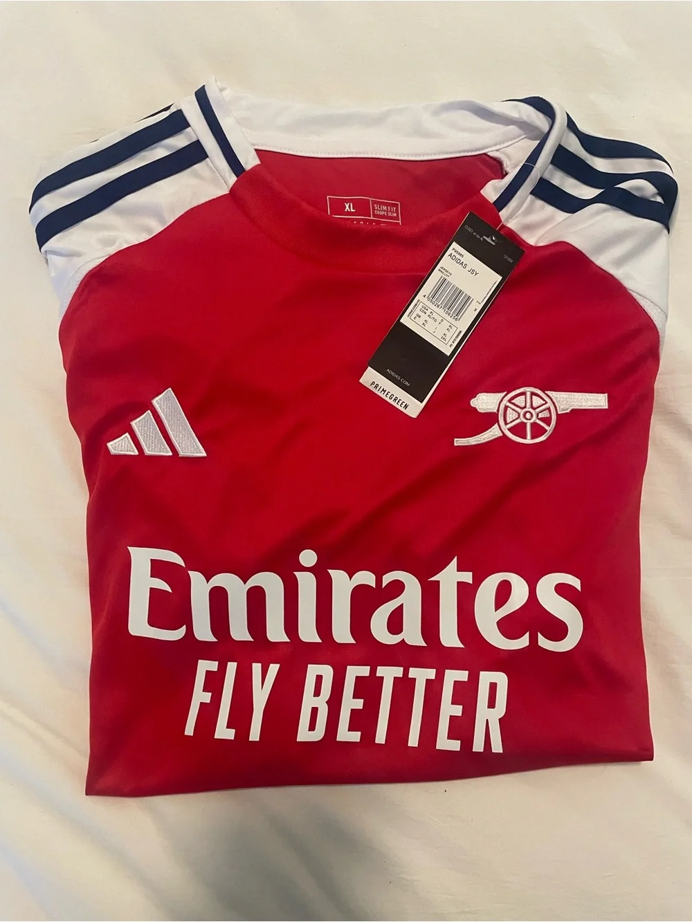 Adidas Red and White Arsenal Football Jersey with navy accents.
